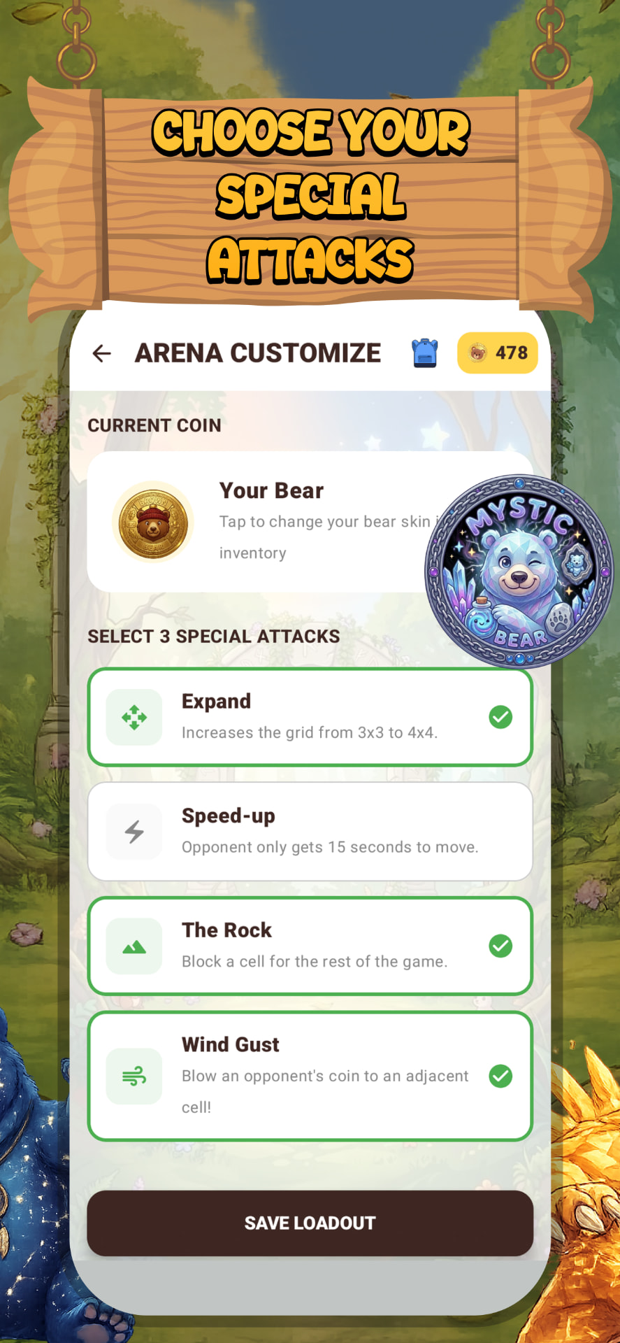 Choosing special attacks: Expand, Speed-up, The Rock and Wind Gust