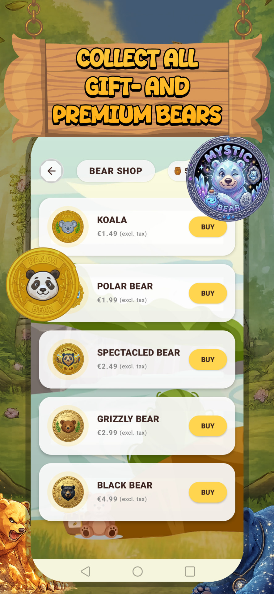 Bear Shop screen with purchasable bear coins